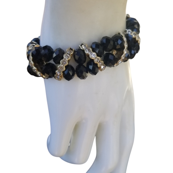 BLACK GLASS BEADED & WHITE GLASS RHINESTONE STRETCH BRACELET - Picture 2 of 6
